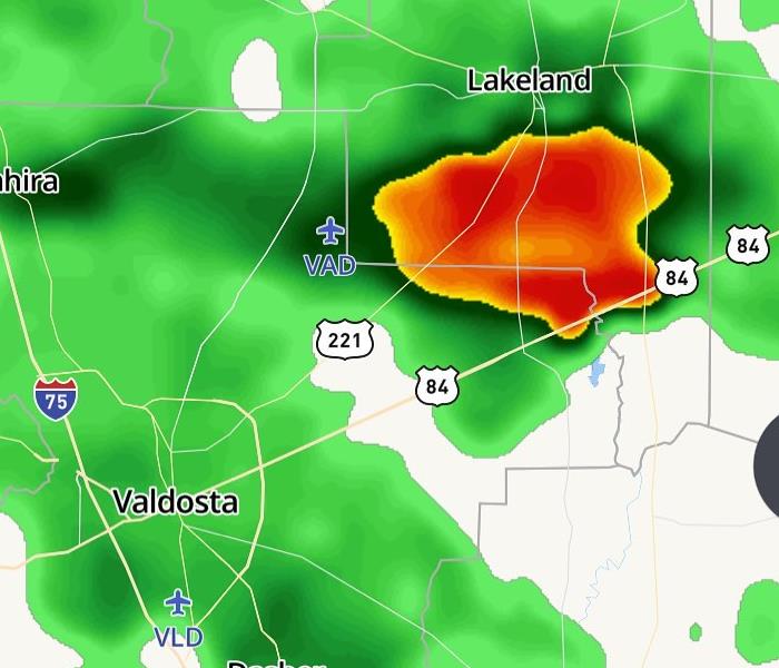 A weather map indicating a storm near Valdosta Georgia is shown 